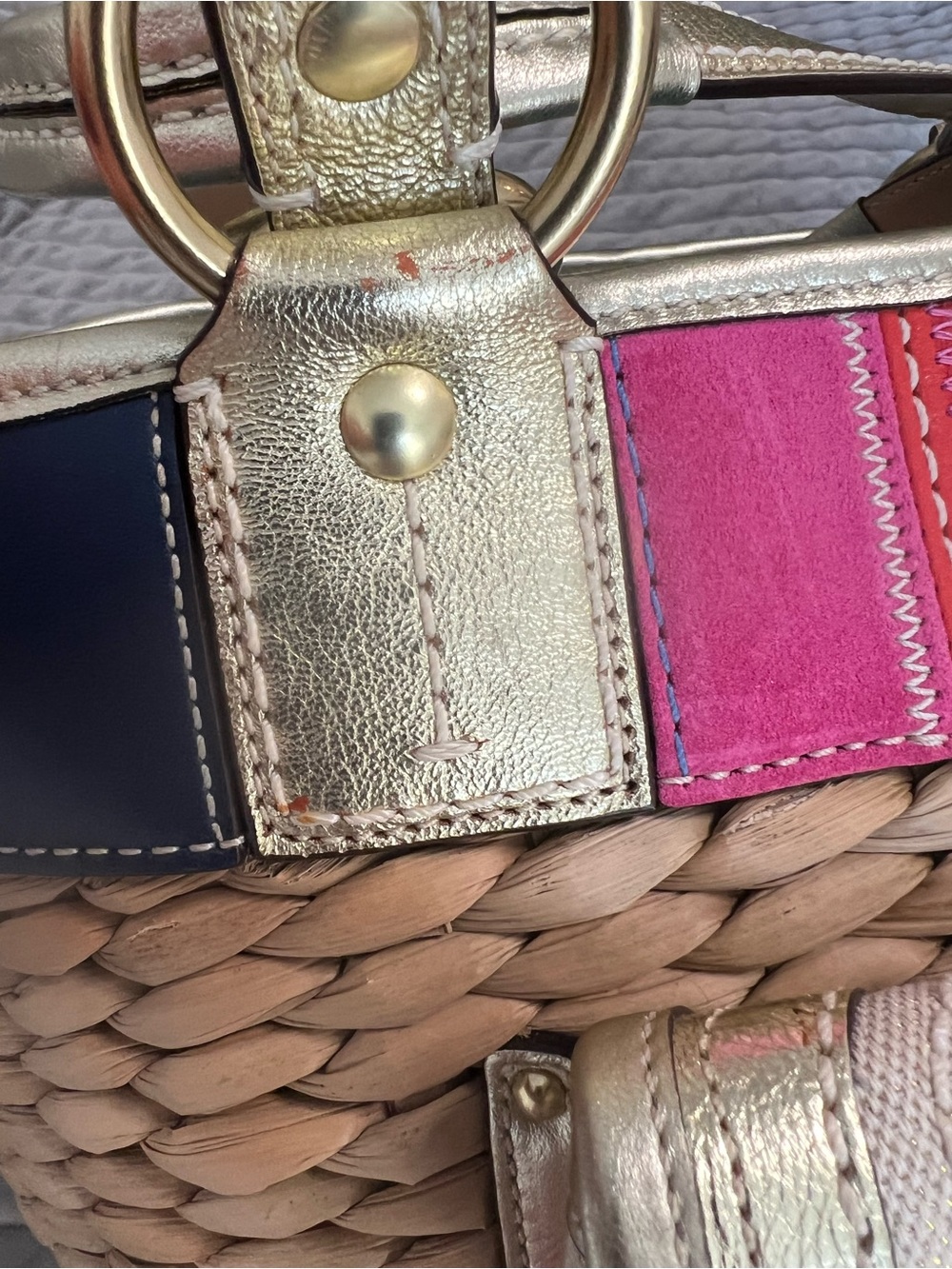 Coach Multicolor Stripe Straw Tote with Gold Accents - Picture 4 of 13